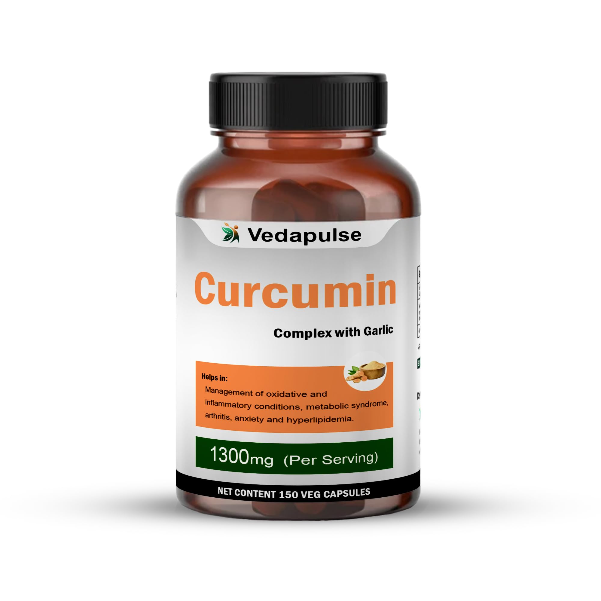 Vedapulse Curcumin 1300 Mg Complex with Garlic and Black Pepper for Joint and Skin Health - 150 Capsules