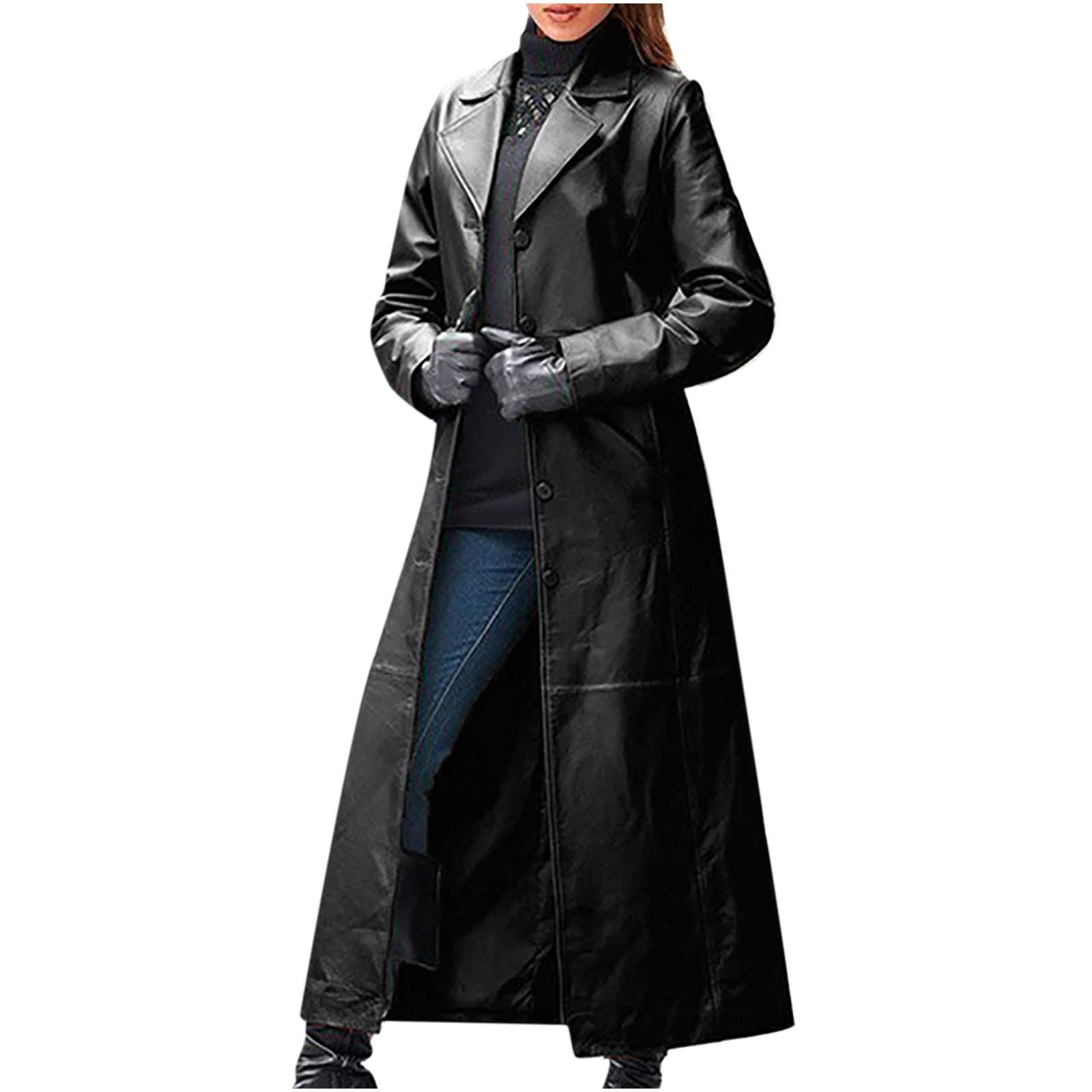 Triglicoleum Women's Black Leather Coat Plain Wind Jacket Made Of Faux Leather Winter Jacket With Long Gym Collar Casual Long Sleeve Leather Cardigan Gothic Transition Jacket Warm Outerwear