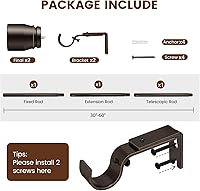 Vista 2 de Barra de cortina marrón de 1 pulgada de diámetro. La barra en sí mide de 30 a 60 pulgadas. 1 paquete. Se ajusta a ventanas de 30-54 pulgadas