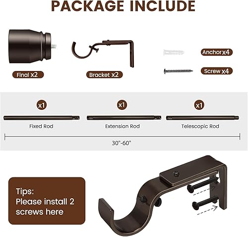 Miniatura 2 de Barra de cortina marrón de 1 pulgada de diámetro. La barra en sí mide de 30 a 60 pulgadas. 1 paquete. Se ajusta a ventanas de 30-54 pulgadas