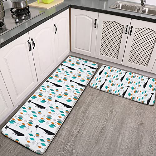Cukemip Kitchen Mat Mid Century Modern With Black Cat Kitchen Rugs Set Of 2 Retro Floor Mats Comfort Non-Slip Washable For Kitchen, Bathroom, Sink, Laundry, Home Decor, 17"X48"+17"X24" #TOP15