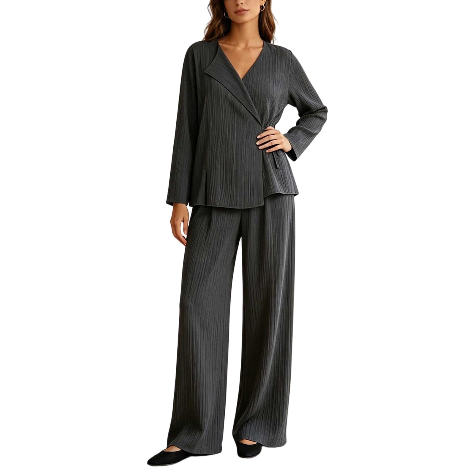 Co Ord Set da donna Primavera Autunno Tie Front Lounge Wear Set Plus Size Casual Allentato 2 Pezzi Abiti per il Tempo Libero Manica Lunga Warp T-shirt Gamba Larga Pantaloni Lunghi Vestito Da Viaggio