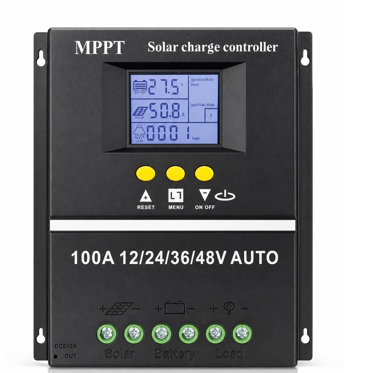 View 1 of 100A MPPT Solar Charge Controller, 12V 24V 36V 48V Solar Panel Regulator, Solar Panel Battery Intelligent Controller with LCD Display & Dual USB Port for Lead-Acid/Lithium, Max 100V Input