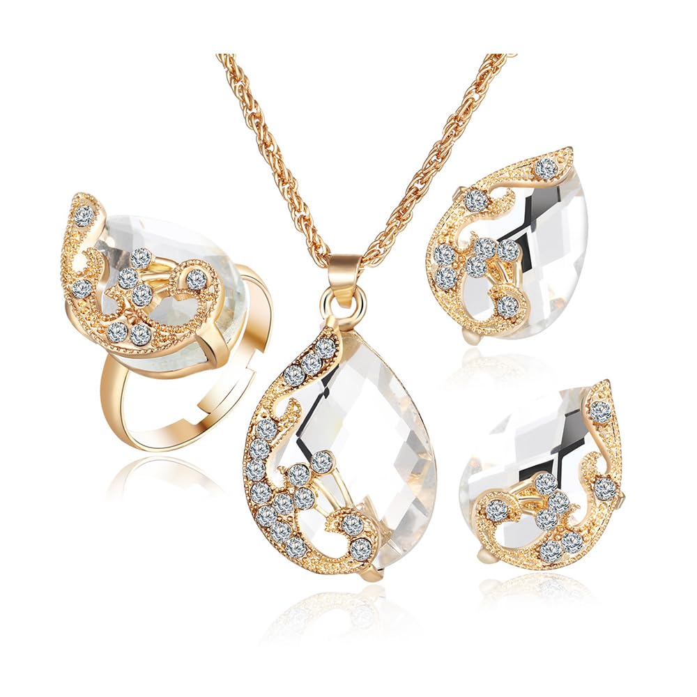 BKEPDY Jewellery Set for Women Malachite Crystals Drop Cluster Necklace Earrings Ring Set Jewellery Set Bridal Gift