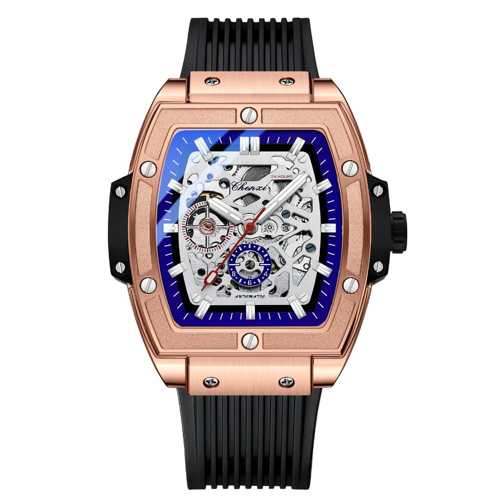 Reloj cuadrado cuadrado mecánico automático de alta calidad con cinta de silicona hueca impermeable y luminoso para hombre, Oro Rosa, Negocios