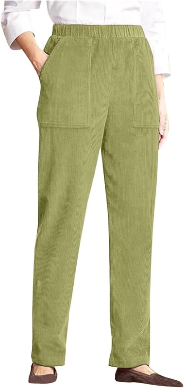 NaRHbrg Womens Corduroy Pants Elastic Waist Casual Straight Trousers