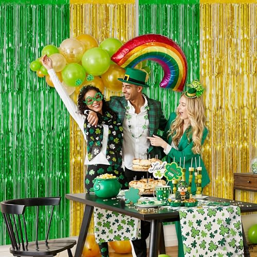 Image of KatchOn, Green and Gold Foil Fringe Curtains - 6.5x6.5 Feet | St Patricks Day Backdrop for St Patricks Day Decorations | St Patrick's Backdrop, St. Patrick's Day Decorations