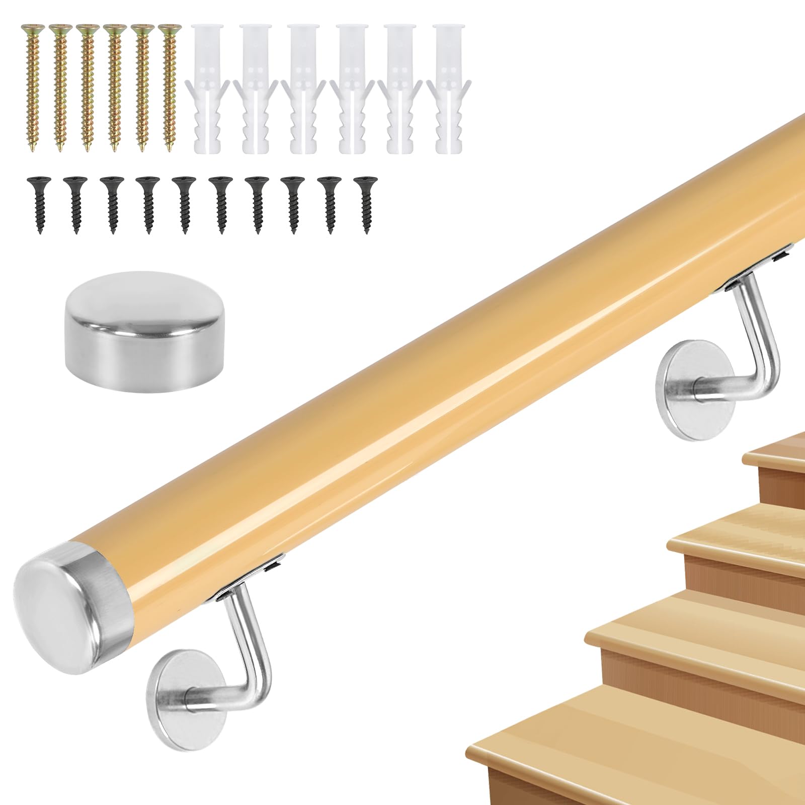 Handrail with Brackets, Non-Slip Stair Railings Support Rod, Against The Wall Elderly and Children's Safety Banister Rail for Indoor Loft - PVC Imitation Wood Handrails for Stairs — image 1
