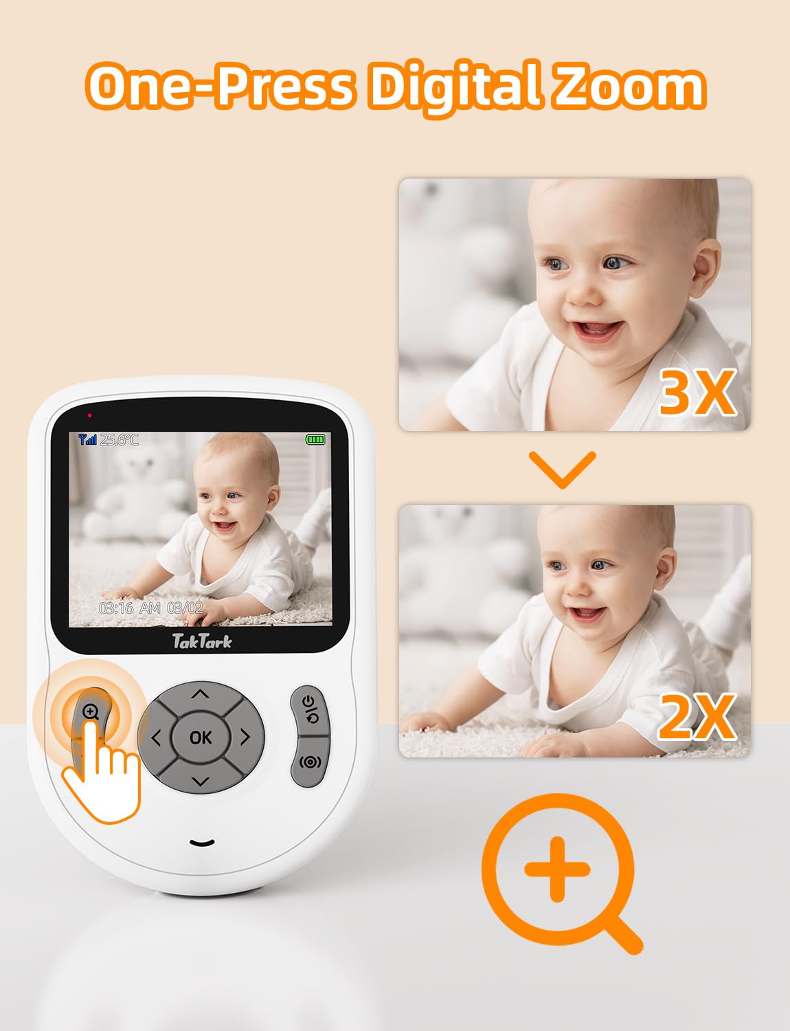 TakTark Elektroniczna niania z kamerą [2,8 cala/720p IPS] elektroniczna niania z kamerą bez Wi-Fi, długi zasięg, akumulator 750 mAh, 2-drożna rozmowa, VOX, 3 × zoom, widoczność w nocy, monitorowanie