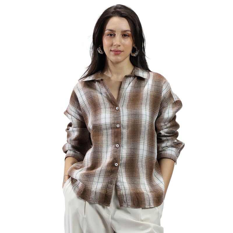 pinacolada Women's Chocolate Brown & Cream White Gradient-Check Relaxed Shirt for Casual Wear | Spread Collar | Long Cuff Sleeves | Button Closure | Shirt Crafted with Comfort Fit for Everyday Wear-picture-30