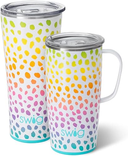 Swig Life Wild Child - Juego XL Taza de viaje de 22 onzas con asa y tapa + vaso triple aislado de 32 onzas con tapa, acero inoxidable, apto para