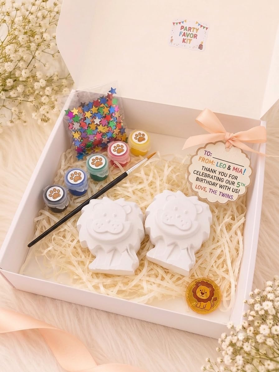 divine senses Lion DIY Paint-Your-Own Figurine Kit – Kids Party Favor & Birthday Gift Set – Includes 2 Lion Statues, Paint Pots, Paintbrush, and Star Confetti – Safari Squad Creative Activity Pack-picture-15