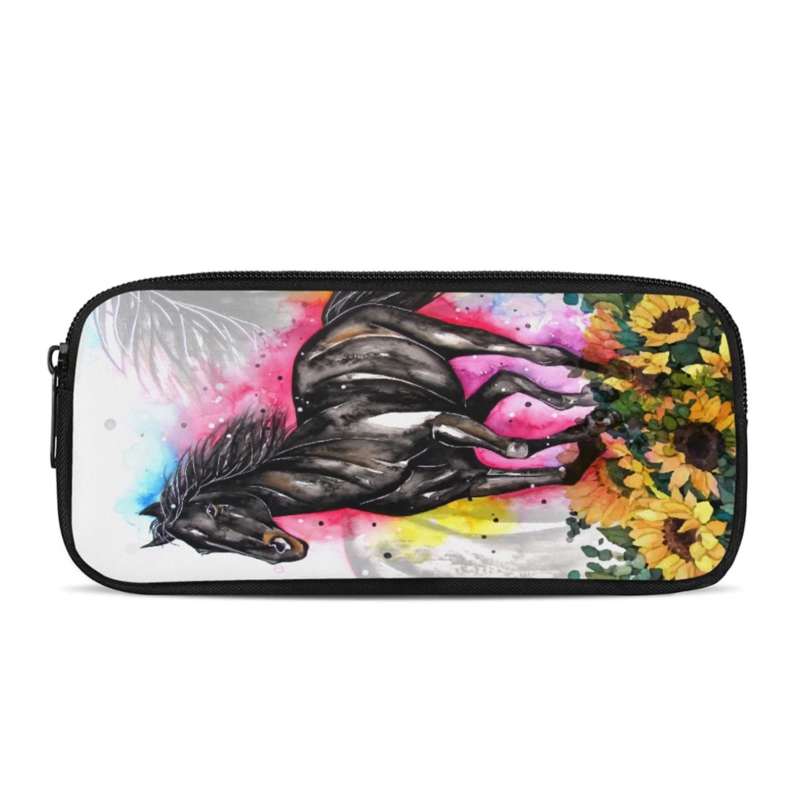 COEQINE Kid School Pencil Case Pen Bag Design Zipper Closure with Sunflowers Horse Pattern for Girls Teen Adult Stationery Pouch