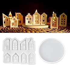 8 Silicone Mould House with Base, Casting Moulds 3D Candle Holder Christmas Plaster Casting Moulds Silicone DIY Cement Concrete