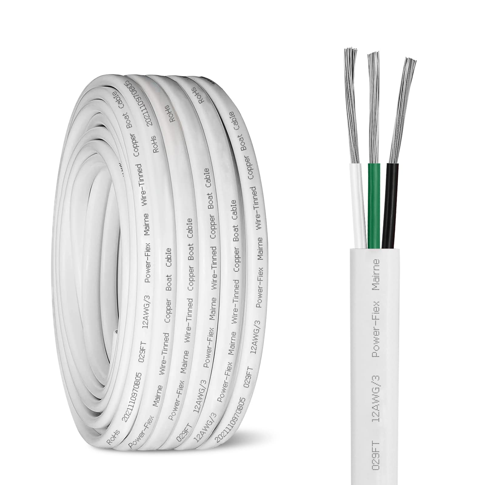 Kimbluth 12 Gauge Triplex Marine Wire Tinned Copper Boat Cable, 30ft 12 AWG Standard USA OFC Oxygen Free Copper Wire for Automotive Boat Speakers