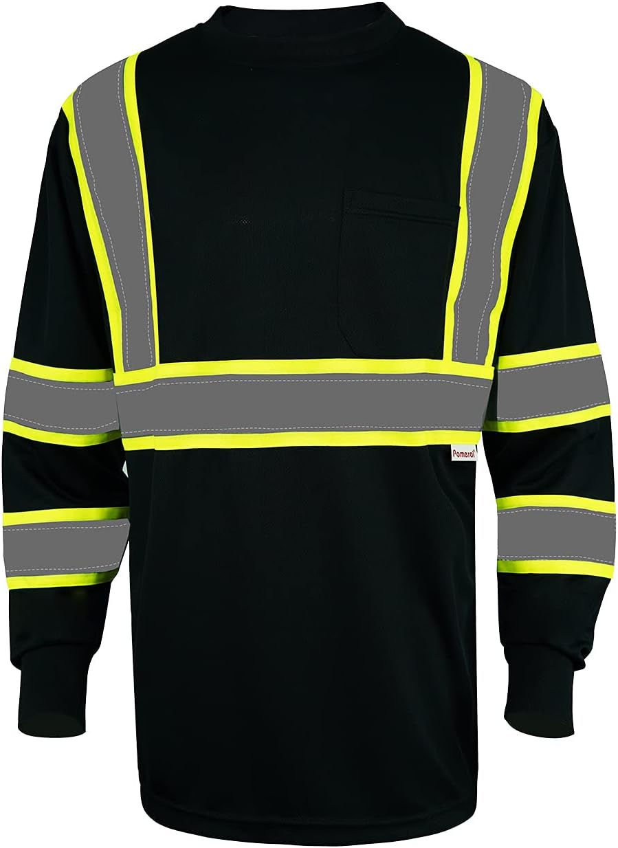 Pomerol Long Sleeve Safety Shirt High-Visibility Reflective 3 Packs Breathable Black Unisex Safety T-Shirt with Hi-Vis Strip and Front Packet for Work Cycling Runner Surveyor Guard Construction : Tools & Home Improvement
