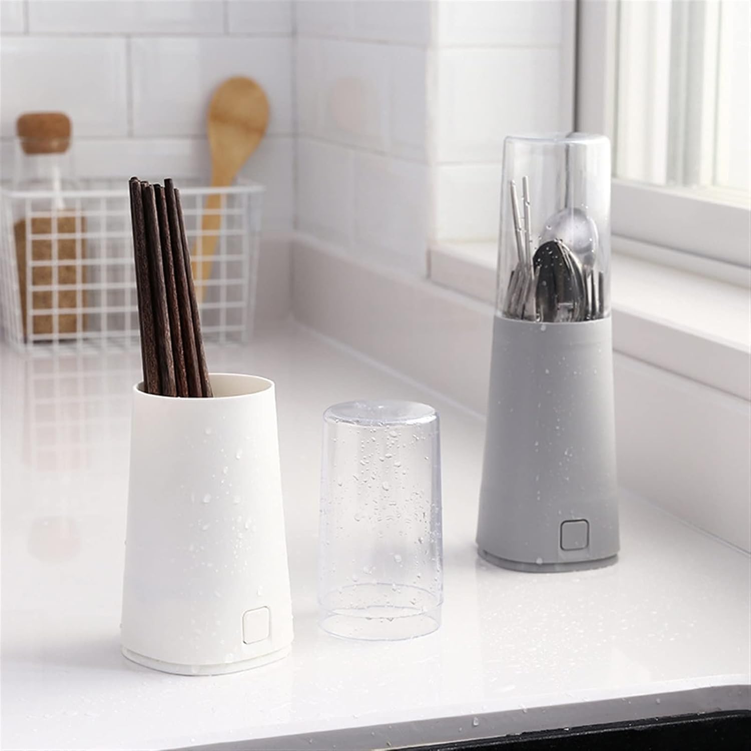 Utensil Holder,Chopsticks cage,Cutlery Storage Box with Lid Tableware Dust Drain Rack Pen Racks,