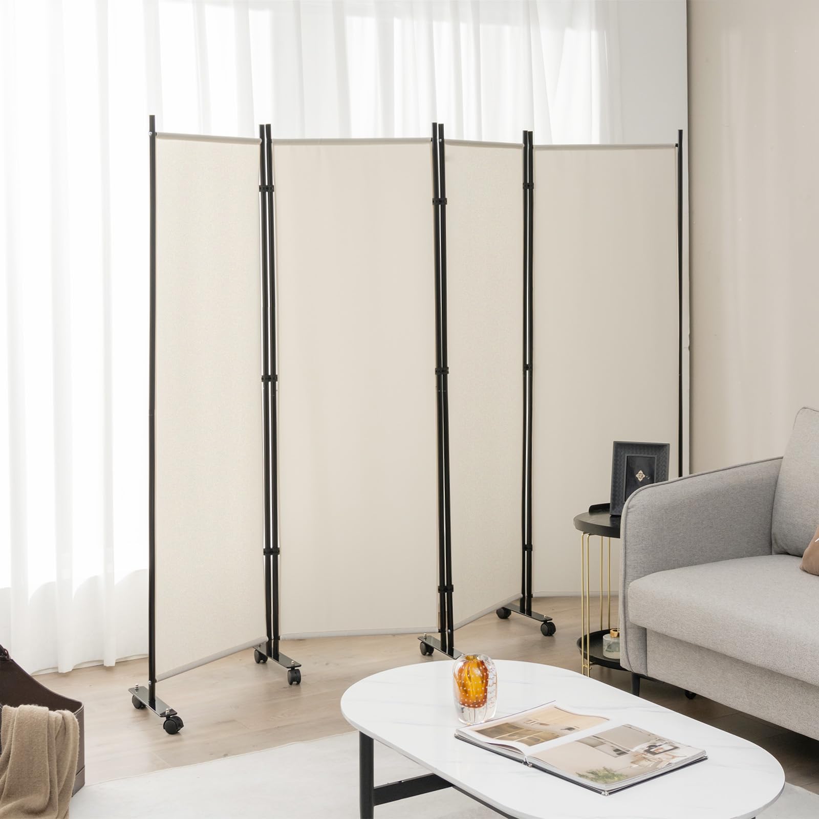LIFEZEAL Divisorio a 4 Pannelli, Separè per Interno, Esterno, Paravento Mobile, Pieghevole, Parete Divisoria, Telaio in Metallo, con 10 Ruote, Protezione di Privacy, Separatore di Spazio (beige)