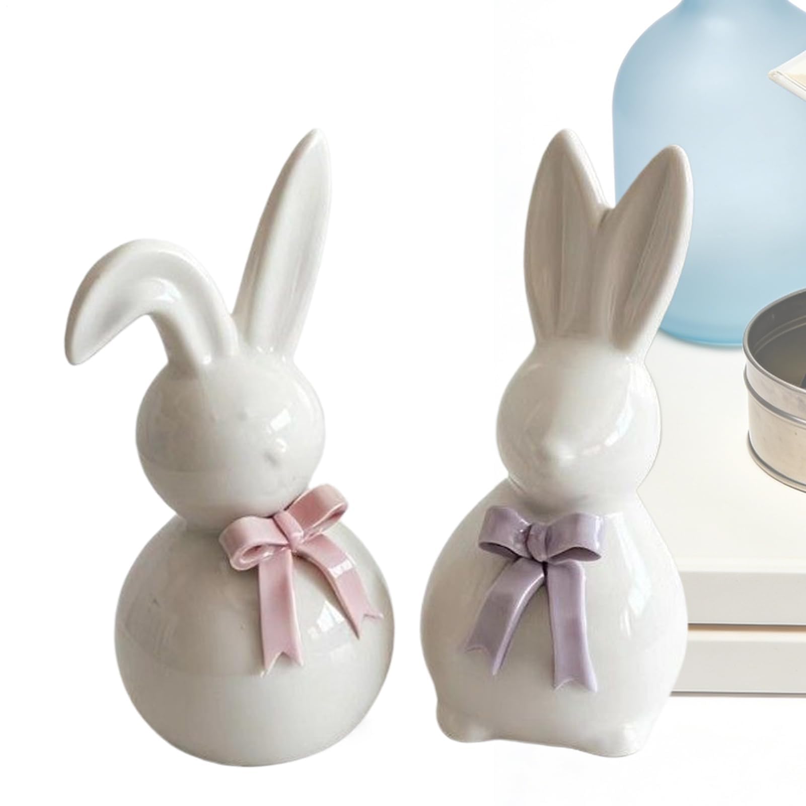 Statuetta di Coniglio in Ceramica con Scultura di Coniglietto Pasquale, Vacanze Primaverili Dipinta a Mano con Design a Fiocco | Decorazione Domestica Festosa per Soggiorno, Camera da Letto,