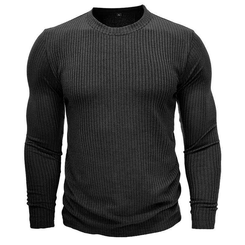 Mens Stretch Muscle Pullover Thermal Ribbed Knit Crewneck Slim Fit Long Sleeve Undershirt Tops Black