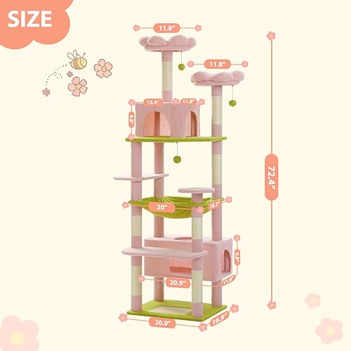 Miniatura 6 de PAWZ Road Árbol de flores para gatos, torre grande para gatos de 72 pulgadas con hamaca de marco de acero y 7 postes rascadores, árbol alto para