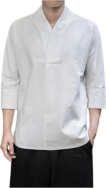 Undergarment T-Shirt, Mens, Stylish, 3/4 Sleeves, V-Neck, Linen Shirt, Cool, Kimono, Washable, Work Clothes, Yukata, Cotton Linen, Inner Wear, Summer, Thin, Casual, Plain, Jinbei, Collar, Kimono