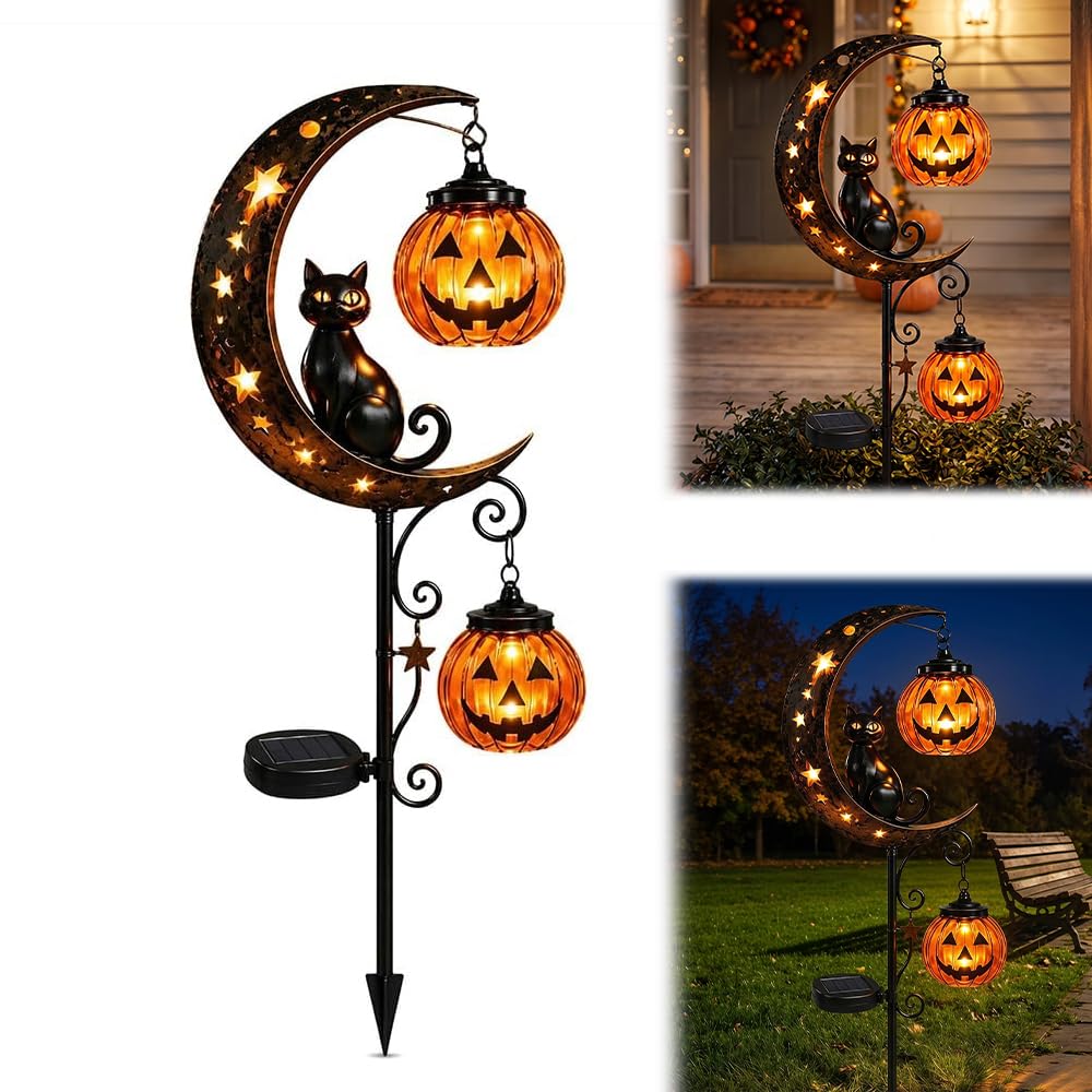 Peldris Solar Halloween Garden Stake Light, Black Cat with Pumpkin Moon Motif, IP45 Waterproof LED Pathway Lamp, Solar Powered Metal Ornament for Lawn, Patio, Walkway, Porch Outdoor Displays