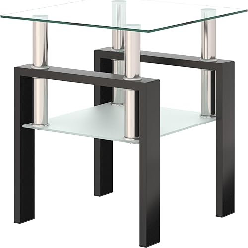 Miniatura 54 de IANIYA Mesa auxiliar moderna de cristal, mesa auxiliar de 2 niveles con parte superior de vidrio templado y patas de metal, esquina de mesita de