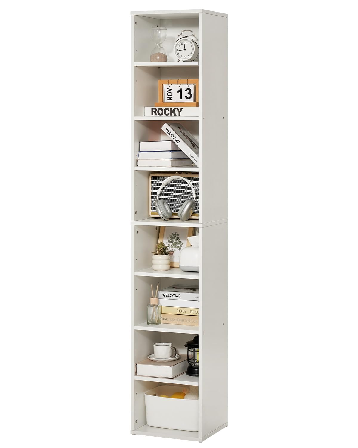VEVOR Bibliothèque étroite à 8 Niveaux, bibliothèque de Rangement Haute Ouverte en Bois avec étagère réglable en Hauteur, 180 cm, étagère de Rangement autoportante pour Chambre, Salon, Bureau, Blanc