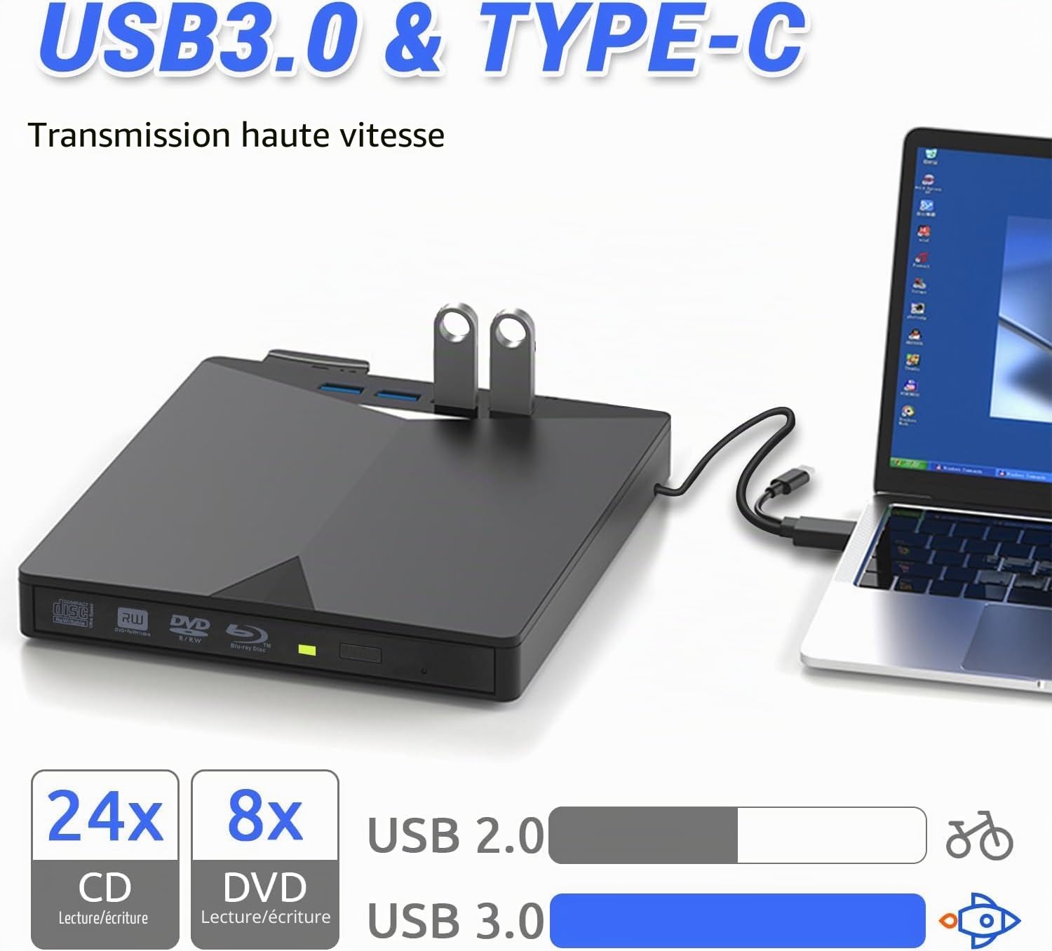 8 en 1 Lecteur Blu-Ray Externe - Lecteur DVD/BD Graveur Blu Ray avec USB 3.0 Type-C, Portable Lecteur Blu Ray Externe, 3D CD DVD Graveur Optical Bluray Drive pour PC Windows 11 10 8 7