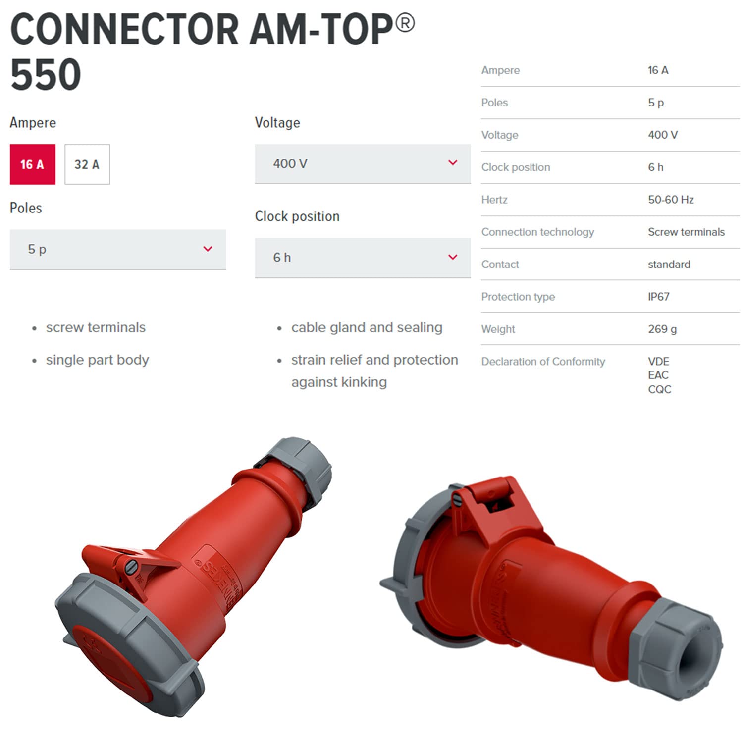 Mennekes (Unternehmen) 550 amv-top einzelnen Teil Körper Stecker, IP 67 Schutz, 6 Stunden Earth Position, 5 Pole, 16 A, 400 V, rot