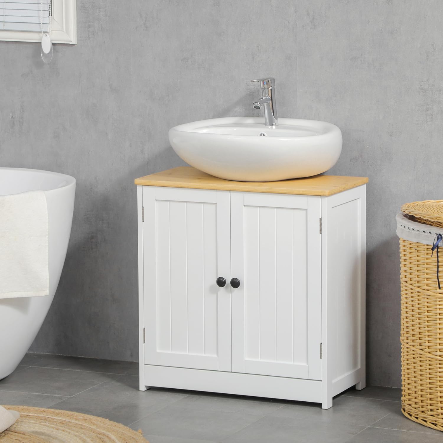 Modern Bathroom Under Sink Cabinet, Bathroom Vanity for Wall Mount Sink, Storage Cabinet with Double Doors and Adjustable Shelf, White