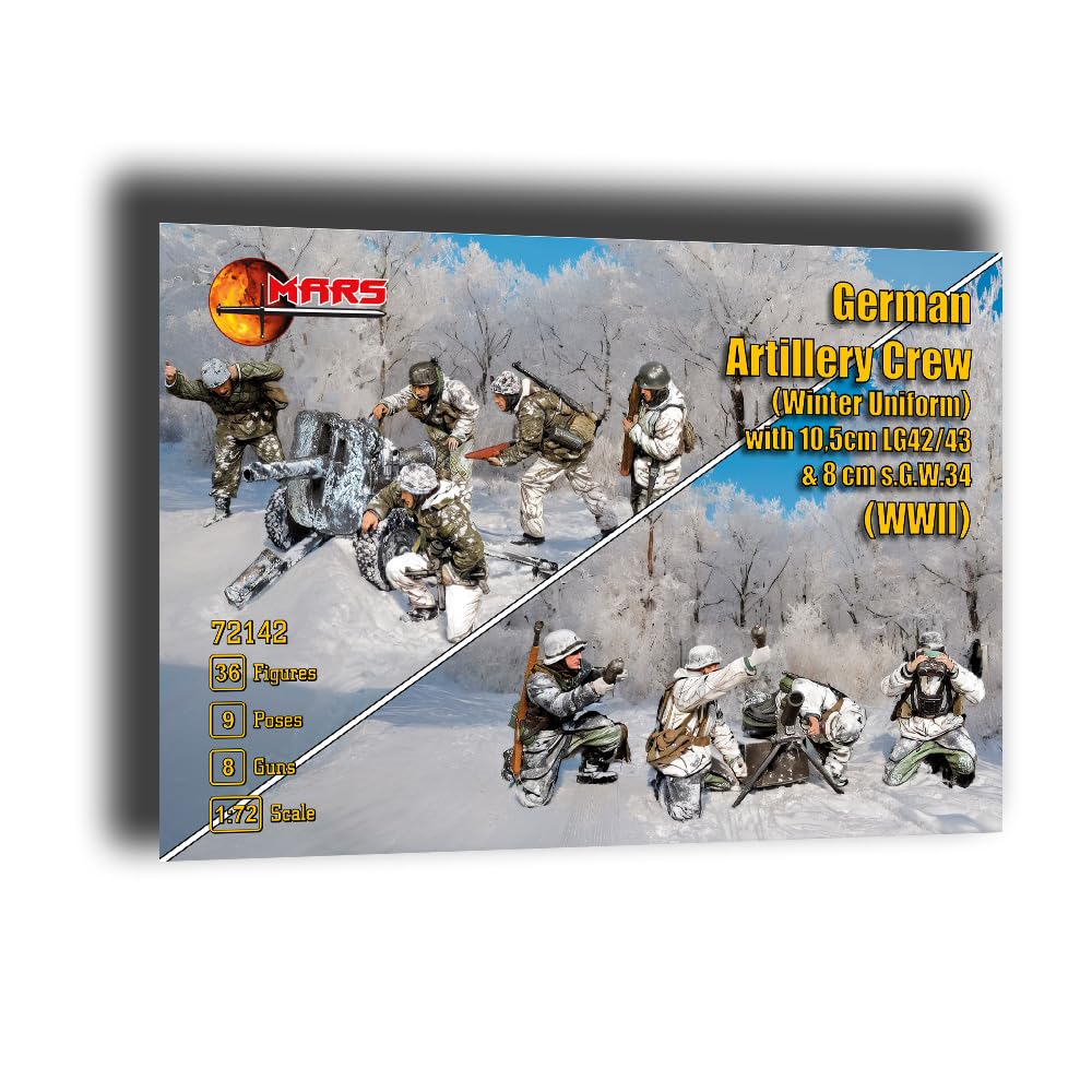 Mars Figures 72142 1/72 German Artillery Crew (Winter Uniform) with 10,5cm LG42/43 / 8cm s.G.W.34 (WW II) 36 Figures / 9 Poses, Grey, MS72142
