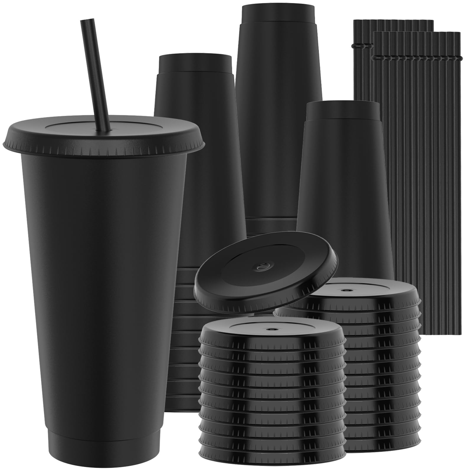 Lot de 24 gobelets en plastique de 700 ml avec couvercles et pailles, robustes et de qualité alimentaire – Gobelets en plastique réutilisables pour boissons froides, milkshakes, smoothies