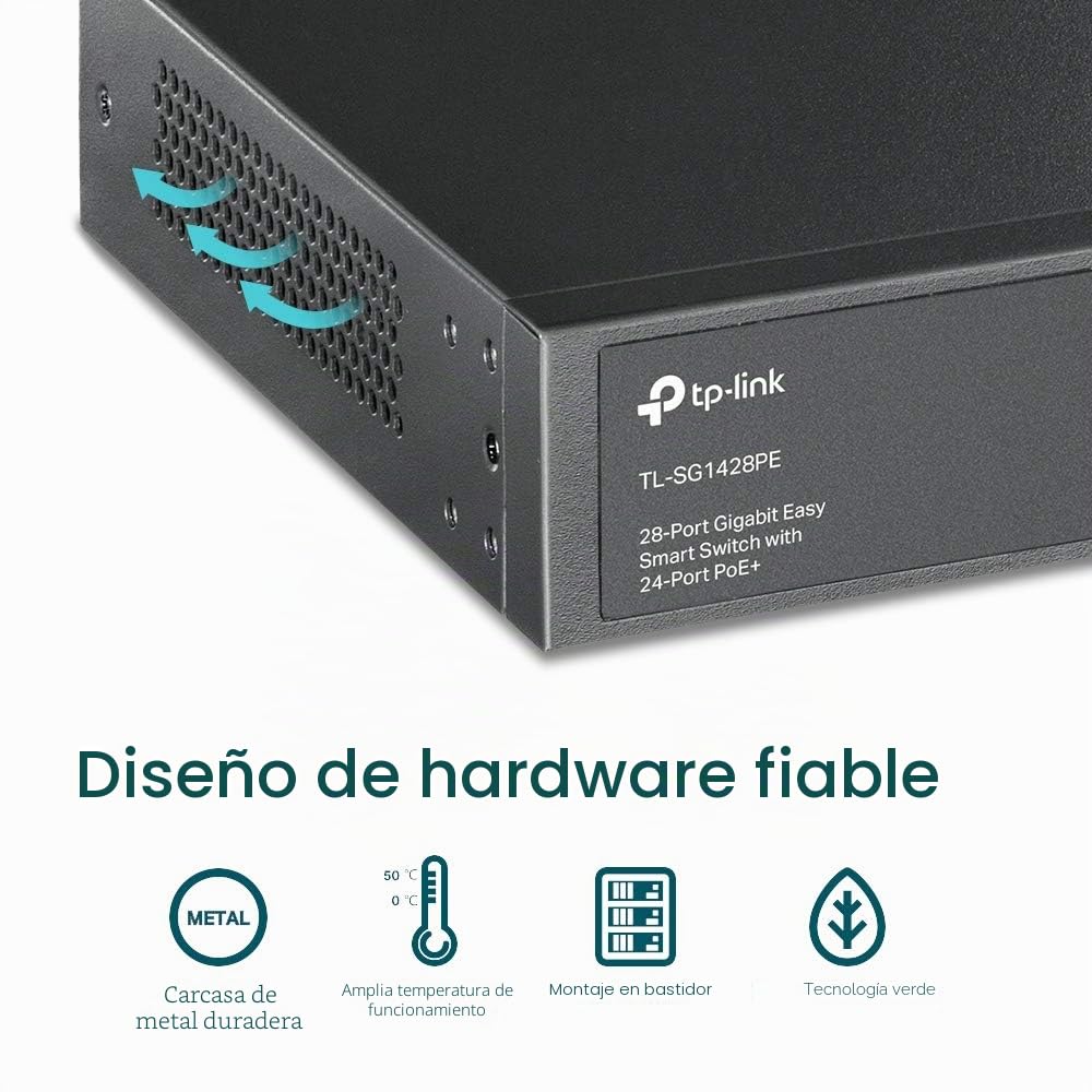 TP-Link TL-SG1428PE-Switch Ethernet PoE gestionable, 24 puertos, 2xSFP,250W | Puertos PoE+. Plug & Play, No Necesita Configuración. Diseño sin Ventilador, Silencioso. Carcasa Metálica.
