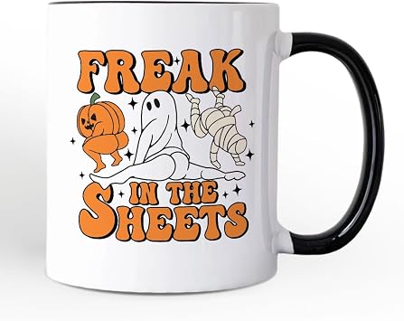 Coffee Mugs for Fall and Halloween Parties - Freak in the Sheets Ghost Mug, Naughty Halloween Cup Black Handle