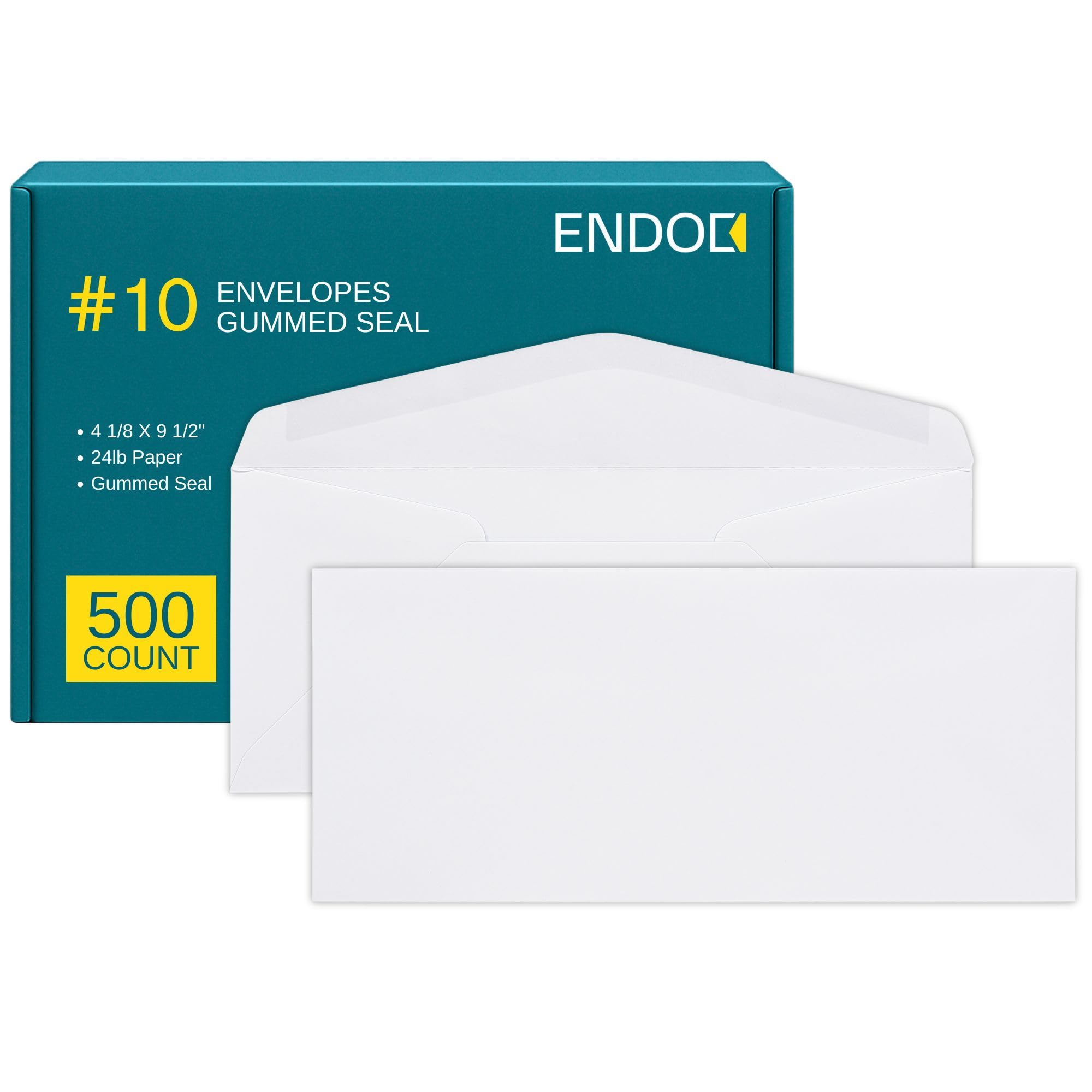 #10 Business Envelopes, 500 Count, Mailing Envelopes, 4 1/8 x 9 1/2 Inch Size, Gummed Flap Envelopes Letter Size, 24 LB Paper - Bright White Color