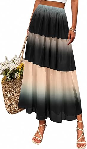 materasu Women Tiered Maxi Skirt Printed Elastic Waist Casua
