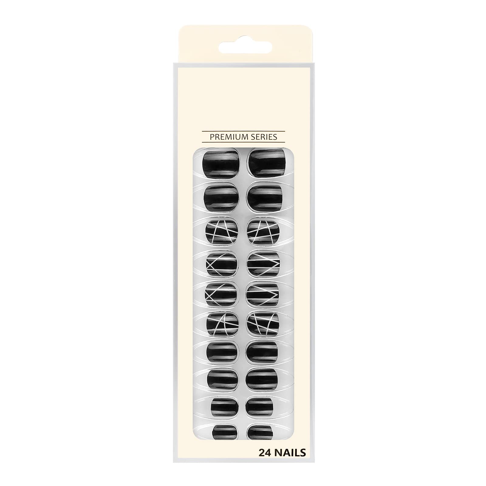 Kiyaan Black Press on French Nails Glossy Long Coffin Fake Nails Designed white lining Nails Full Cover Bowknot Ballerina Nails Tips for Women and Girls 24Pcs