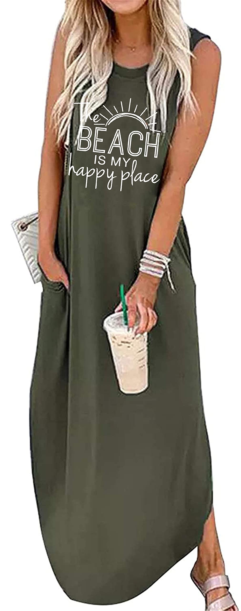 Women's Casual Beach Summer Dresses Sleeveless Graphic Long Sundress Cover Up Dresses with Pocket