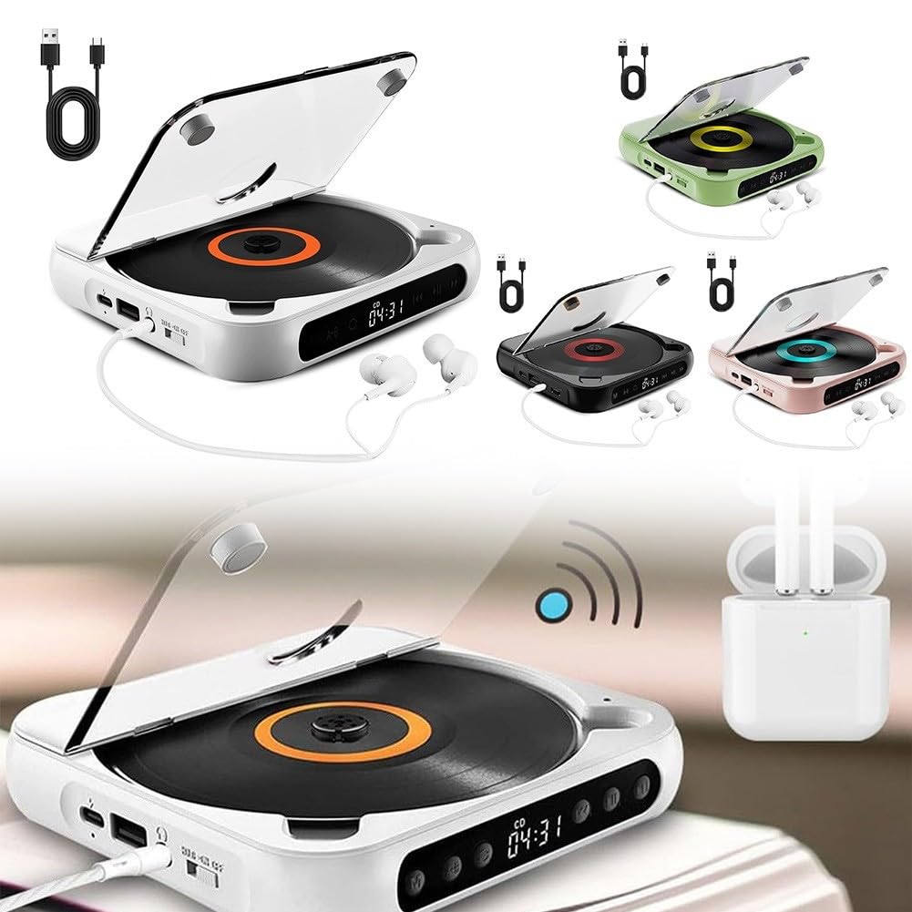 Lettore CD portatile leggero con suono -Fi, batteria ricaricabile integrata, opzioni cablate wireless, auto da viaggio a casa
