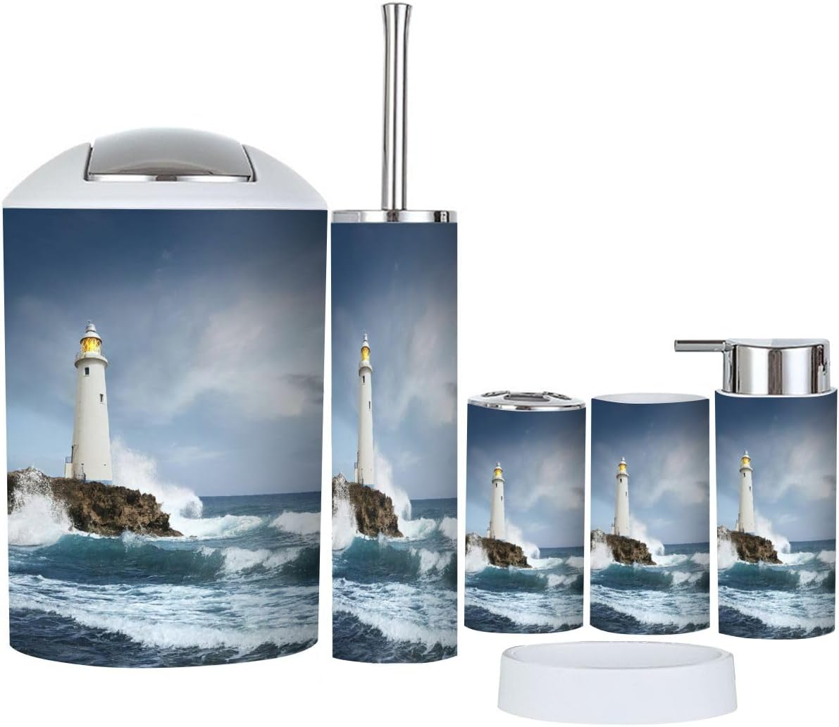 Bathroom Accessory Set 6 Piece White Lighthouse Cliff Toothbrush Holder, Toothbrush Cup, Soap Dispenser, Soap Dish, Toilet Brush Holder, Trash can, aibsGFawtj8nw-6j