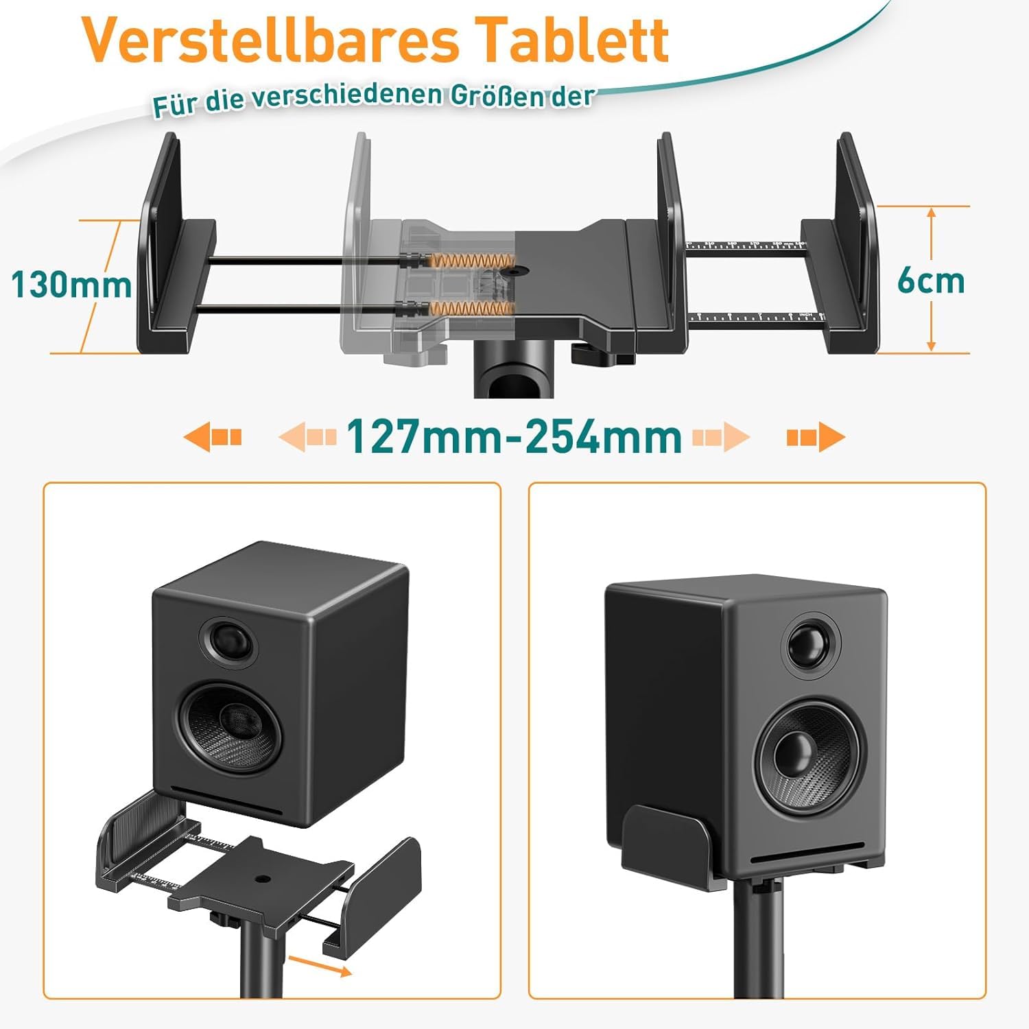 ELIVED Universal Lautsprecherständer höhenverstellbar, Boxenständer mit ausziehbare Auflagenplatte und interner Kabelkanal für Regallautsprecher, 5kg Tragkraf, 1 Paar