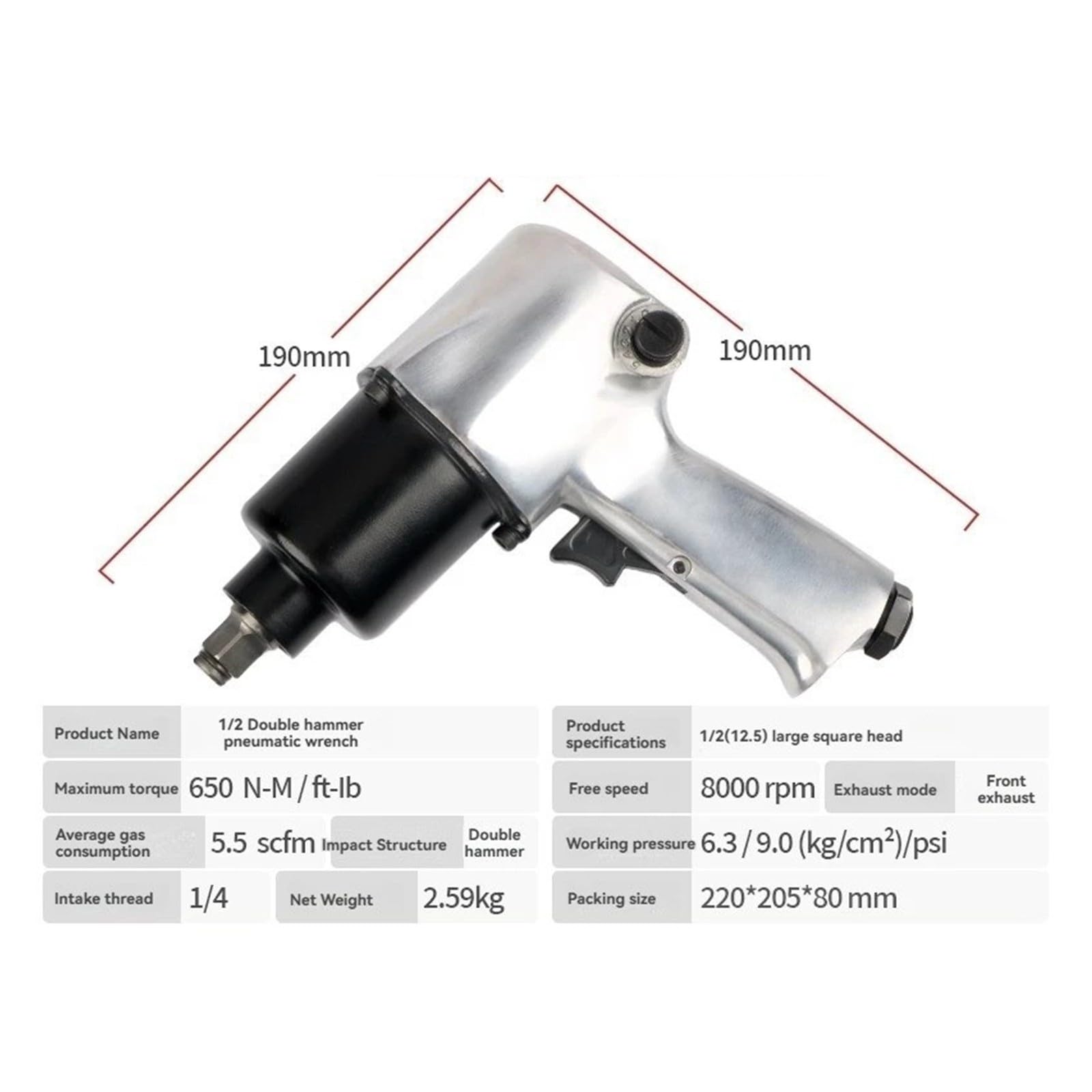 Avvitatore pneumatico compatto da 1/2, strumento a cricchetto professionale a doppio martello,Strumento affidabile