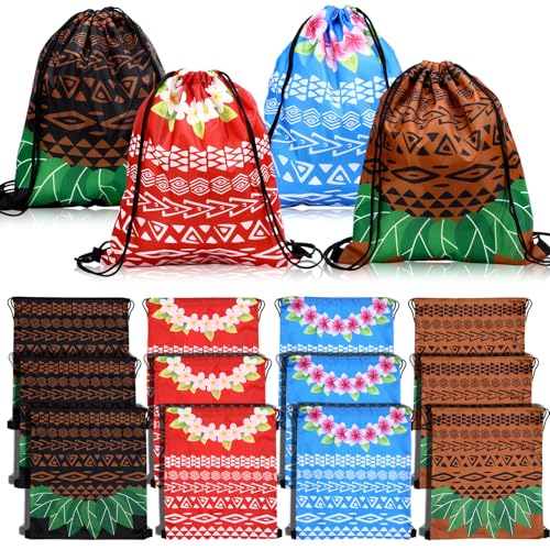 Sweetude Conjunto de 12 bolsas havaianas com cordão Luau tropical, impermeável, reutilizáveis, para presente a granel, verão, praia, mochila para meninas, meninos, crianças, festival Aloha