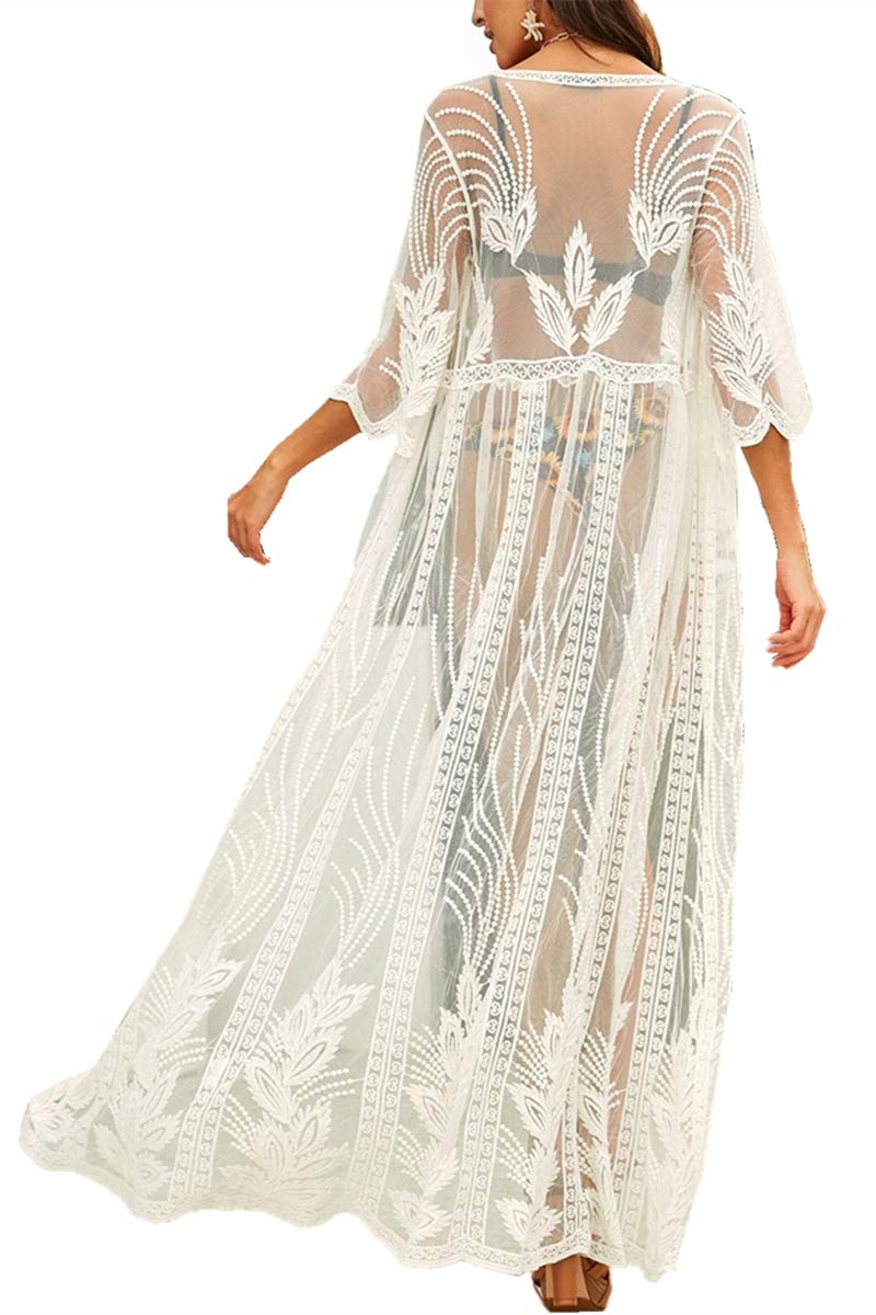 YouKD Vestido de Algodón de Encaje para Mujer Túnica Floral Boho Kimono Suelto Bikini de Playa Vestidos Cover Up Dress