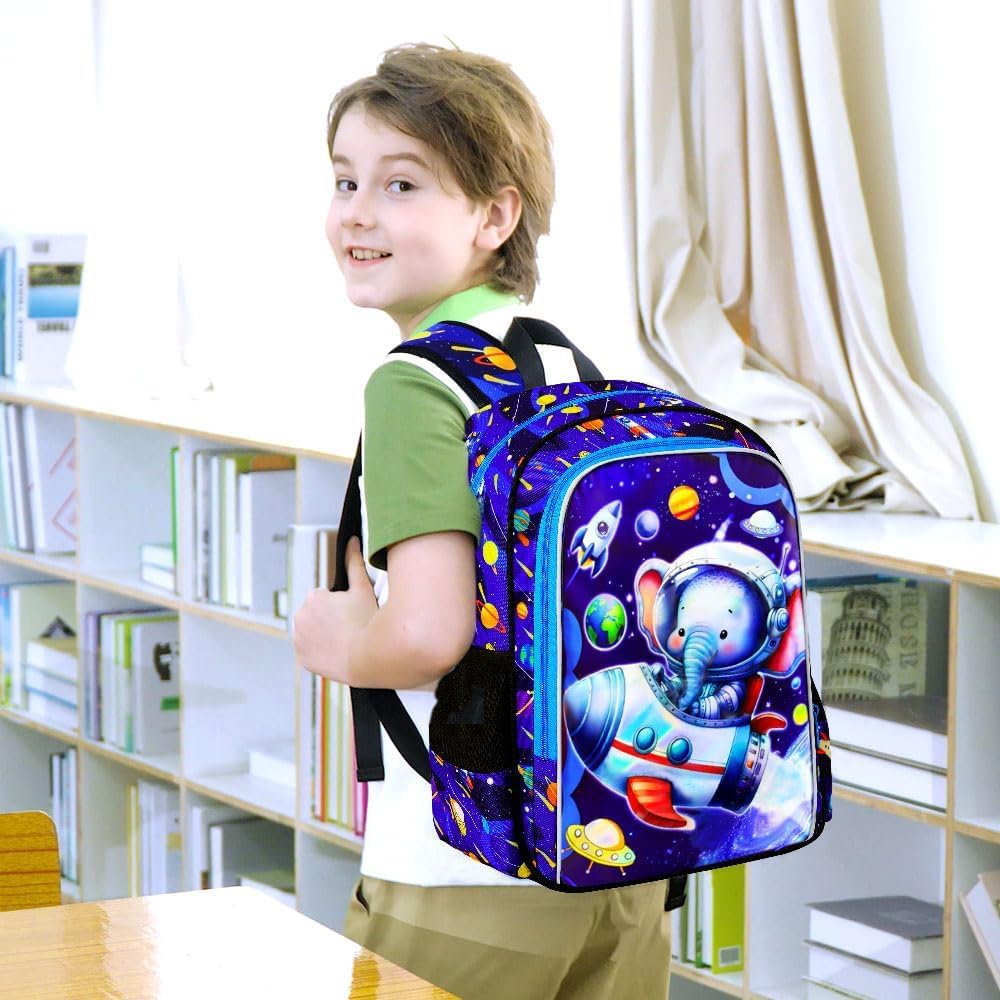 UFNDC 3PCS Boys Elephant Backpack, Kids Space Bookbag with Lunch Box, Water Resistant Rocket School Bag for Elementary Preschool Toddler