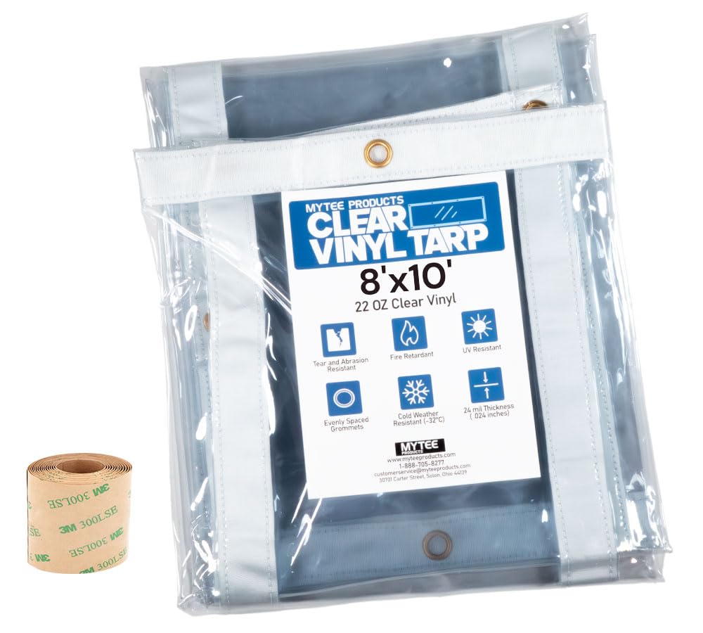 Mytee Products 8' x 10' Clear Vinyl Tarp – 24 MIL Thick Heavy-Duty Waterproof Vinyl Tarpaulin with Grommets, UV & Fire Retardant – Cold Weather