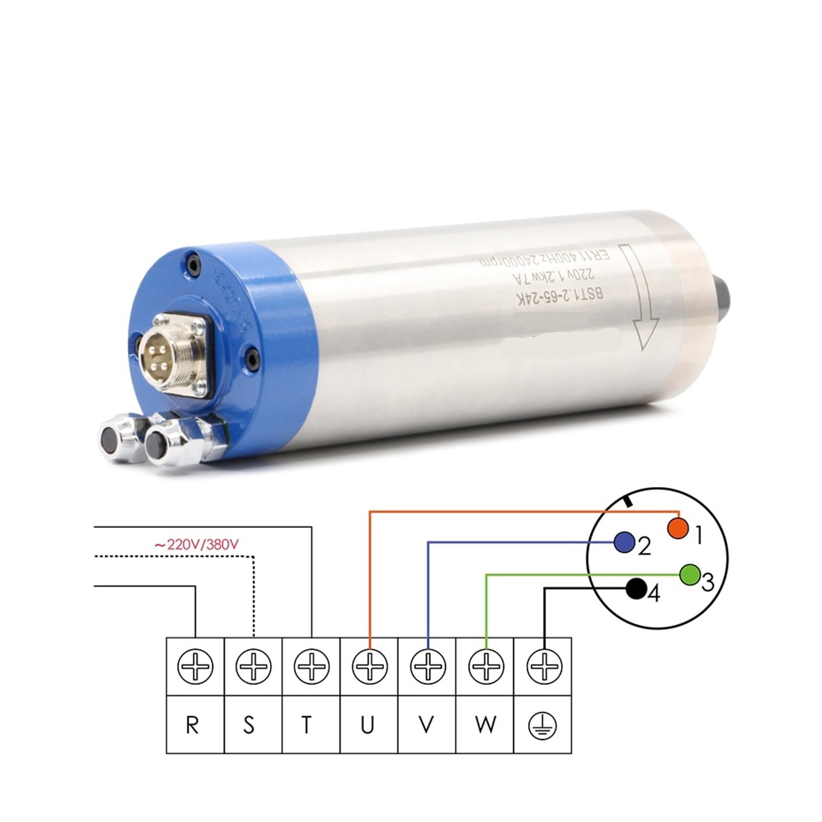 Motore raffreddato ad acqua ER11 da 1,2 kW, 220 V, D=65 mm, 400 Hz, 4 cuscinetti, macchina CNC for lavorazione del legno, 65 * 196 mm