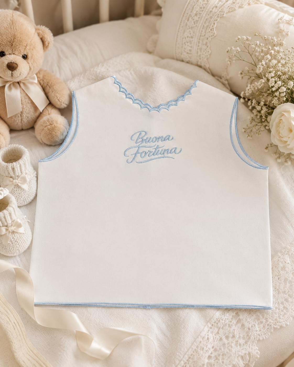 Kit Buona Fortuna Neonato Made in Italy 2 Pezzi, Camicina della Fortuna e Bavaglino 100% Cotone Percalle, Ricamo Elegante, Idea Regalo Corredino Nascita Se Camicino e Bavetta